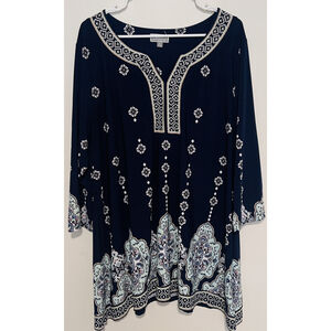 JM Collection Tunic Top Women's 3X Navy Pink Teal Embellished Gold 3/4 Sleeve